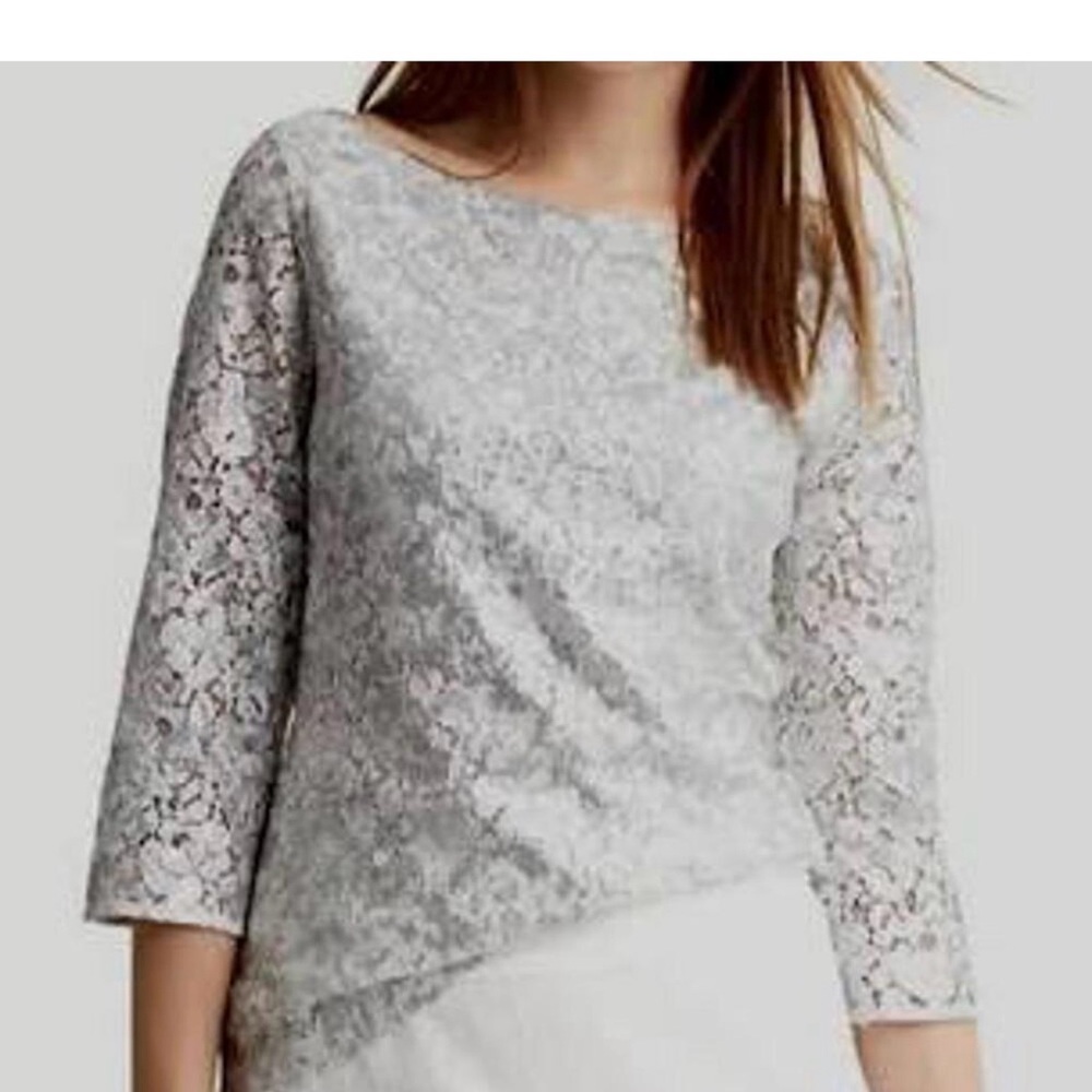Banana Republic Sequined White Lace Top Boatneck 3/4 Sleeve EUC!